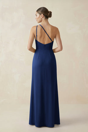 Sheath One - Shoulder Ruched Bridesmaid Dress With Slit in Navy - KISS BRIDAL Bridesmaid Dresses