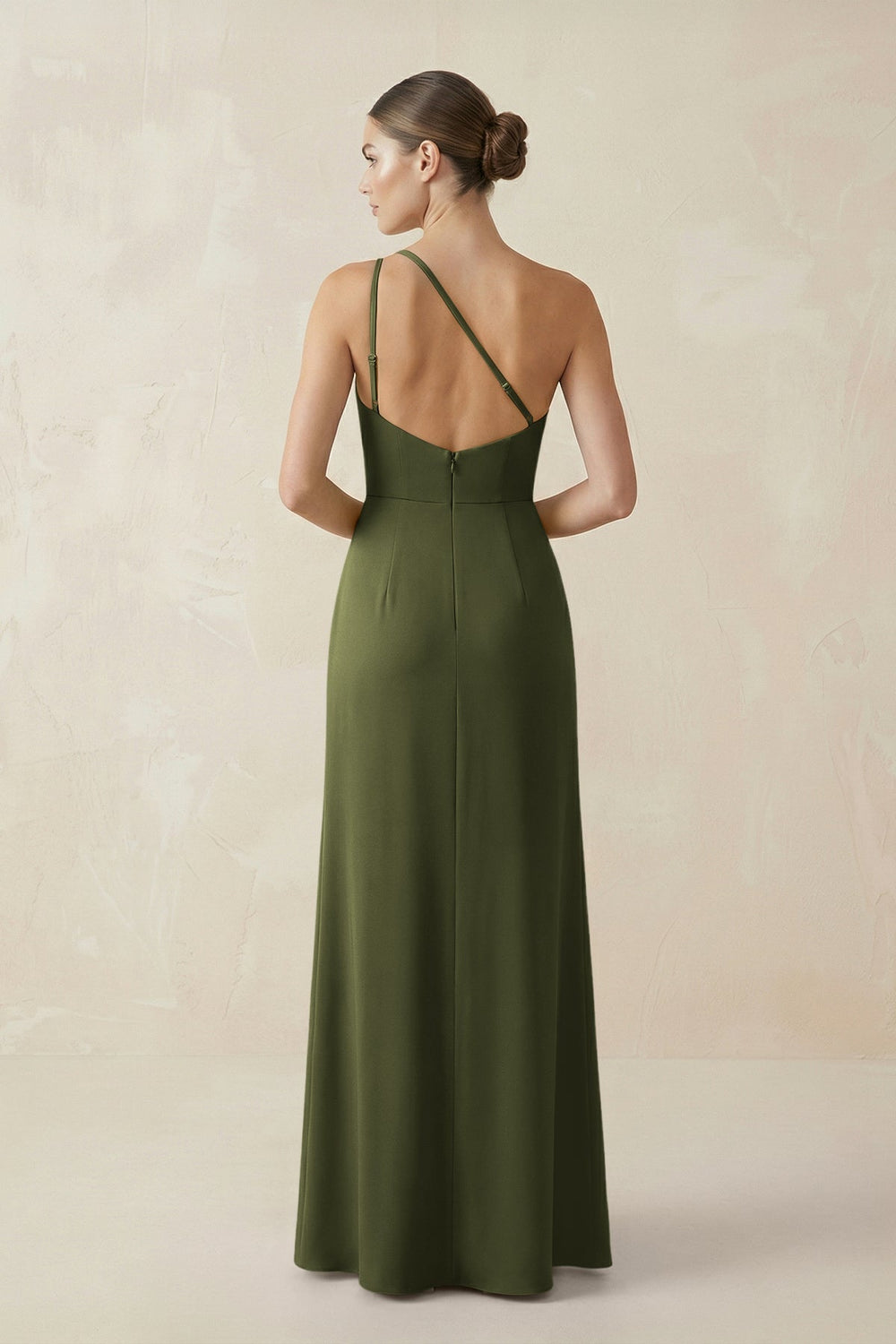 Sheath One - Shoulder Ruched Bridesmaid Dress With Slit in Olive - KISS BRIDAL Bridesmaid Dresses