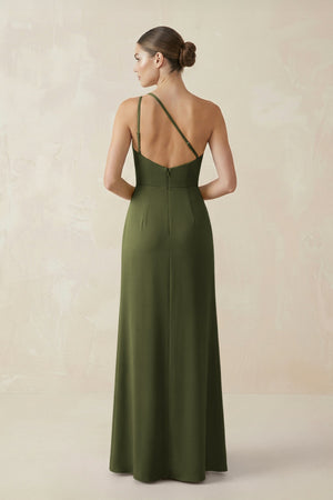 Sheath One - Shoulder Ruched Bridesmaid Dress With Slit in Olive - KISS BRIDAL Bridesmaid Dresses