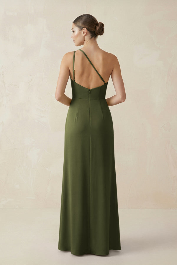 Sheath One - Shoulder Ruched Bridesmaid Dress With Slit in Olive - KISS BRIDAL Bridesmaid Dresses