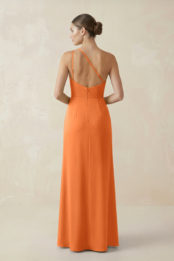 Sheath One - Shoulder Ruched Bridesmaid Dress With Slit in Orange - KISS BRIDAL Bridesmaid Dresses