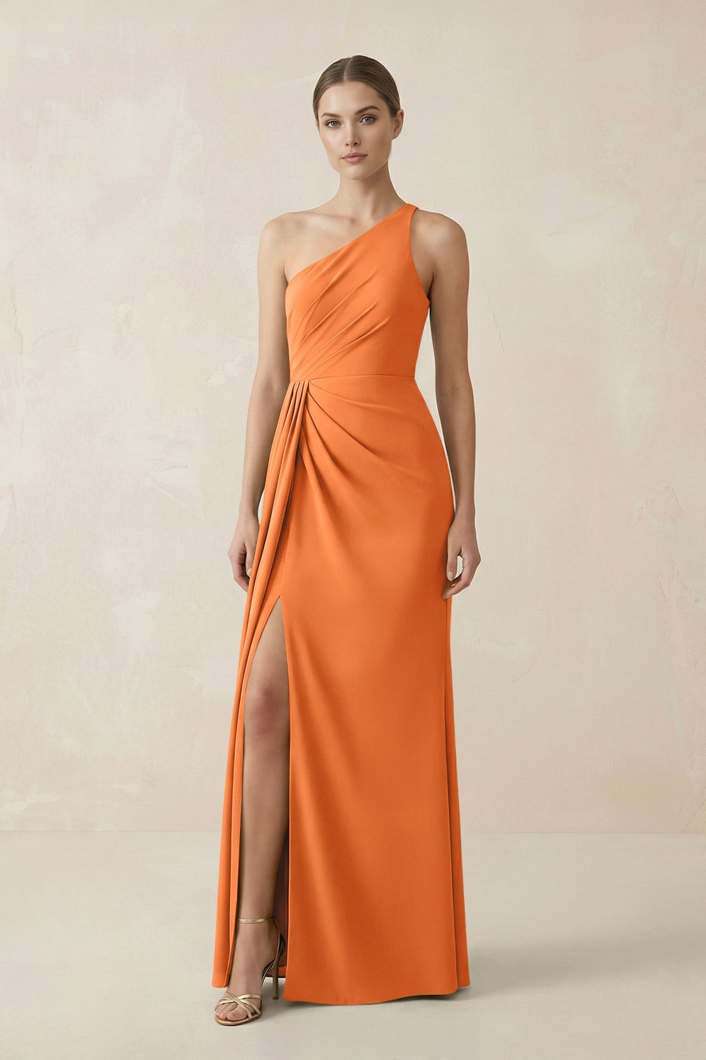 Sheath One - Shoulder Ruched Bridesmaid Dress With Slit in Orange - KISS BRIDAL Bridesmaid Dresses