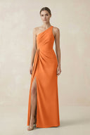 Sheath One - Shoulder Ruched Bridesmaid Dress With Slit in Orange - KISS BRIDAL Bridesmaid Dresses