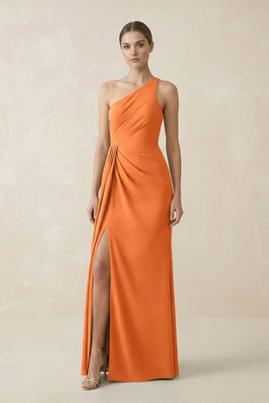 Sheath One - Shoulder Ruched Bridesmaid Dress With Slit in Orange - KISS BRIDAL Bridesmaid Dresses