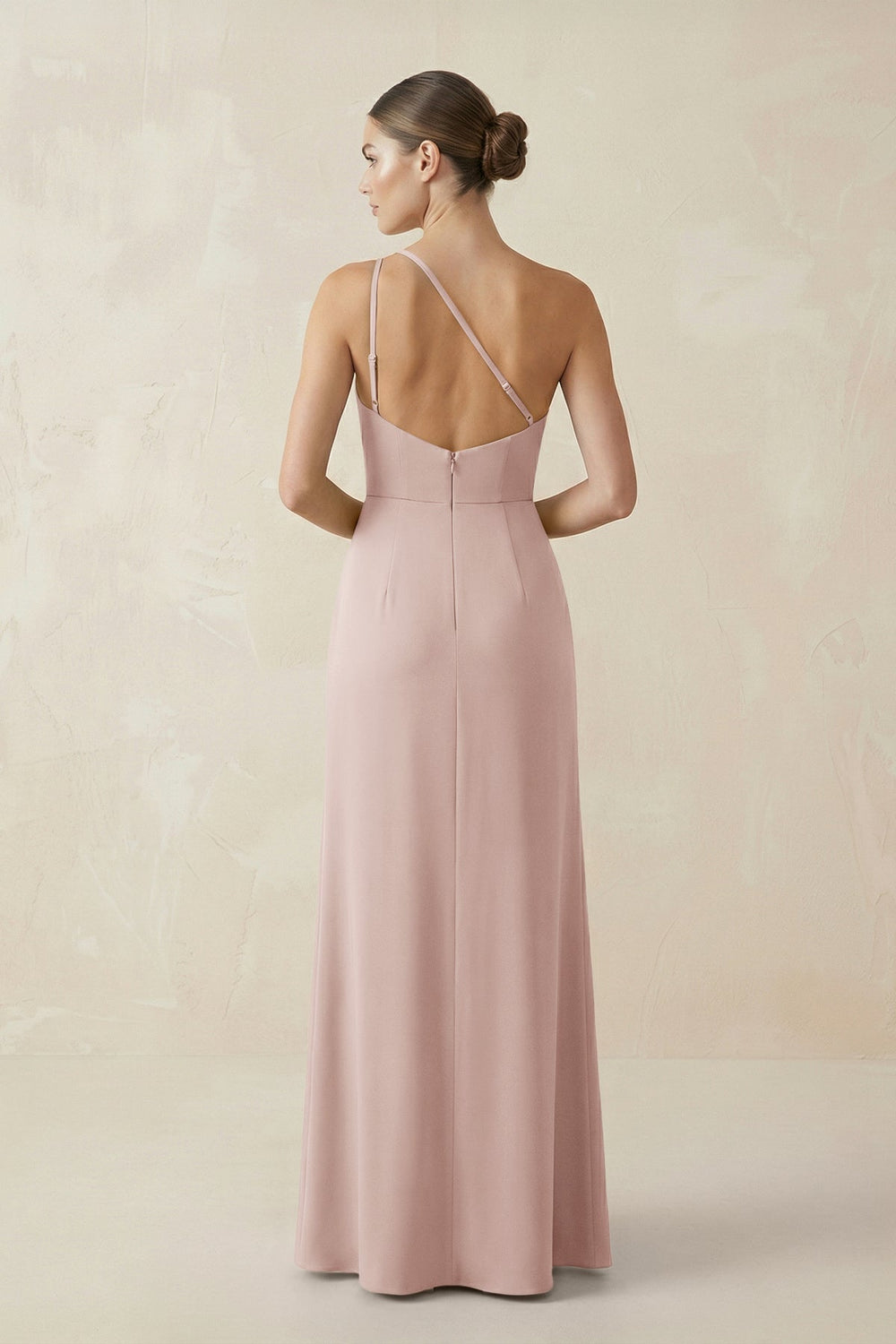 Sheath One - Shoulder Ruched Bridesmaid Dress With Slit in Pale Blush - KISS BRIDAL Bridesmaid Dresses