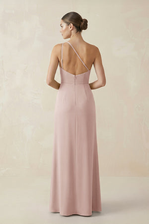 Sheath One - Shoulder Ruched Bridesmaid Dress With Slit in Pale Blush - KISS BRIDAL Bridesmaid Dresses