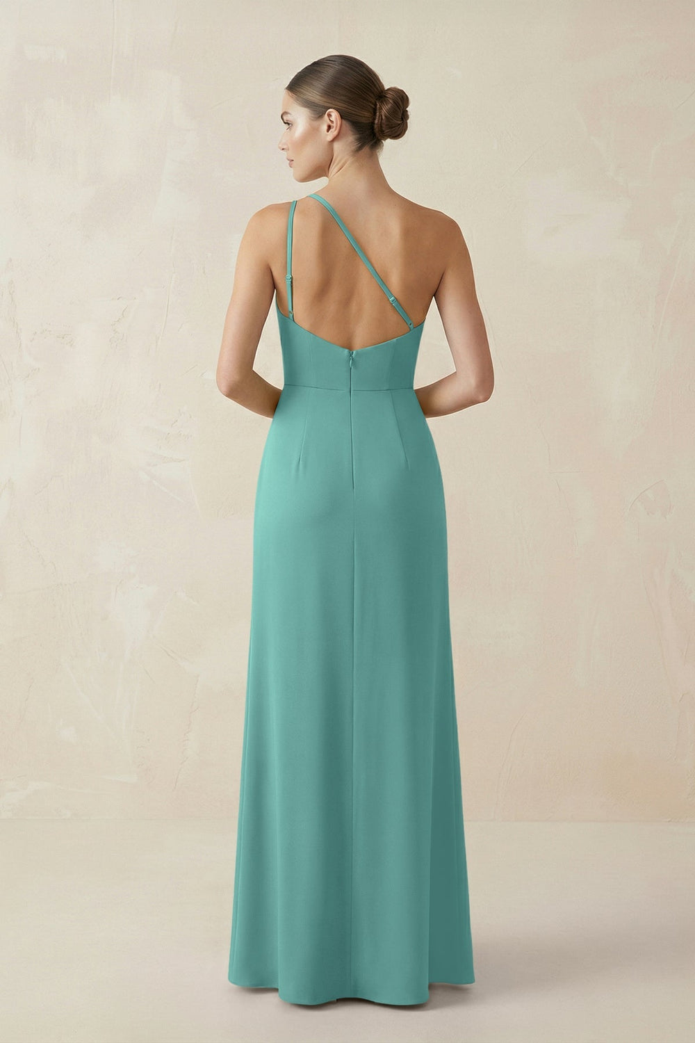 Sheath One - Shoulder Ruched Bridesmaid Dress With Slit in Pale Pistachio - KISS BRIDAL Bridesmaid Dresses