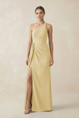 Sheath One - Shoulder Ruched Bridesmaid Dress With Slit in Pastel Yellow - KISS BRIDAL Bridesmaid Dresses