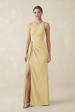 Sheath One - Shoulder Ruched Bridesmaid Dress With Slit in Pastel Yellow - KISS BRIDAL Bridesmaid Dresses