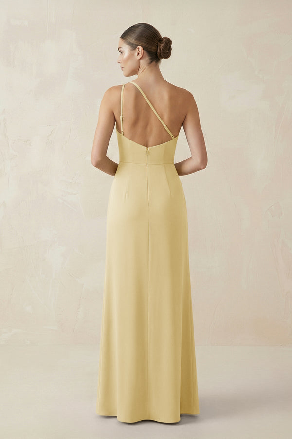 Sheath One - Shoulder Ruched Bridesmaid Dress With Slit in Pastel Yellow - KISS BRIDAL Bridesmaid Dresses