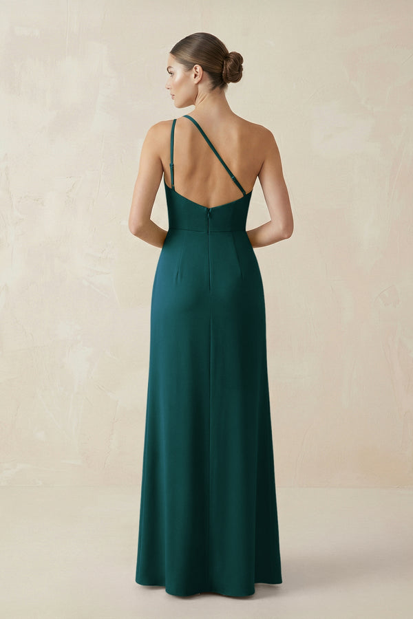 Sheath One - Shoulder Ruched Bridesmaid Dress With Slit in Pine - KISS BRIDAL Bridesmaid Dresses