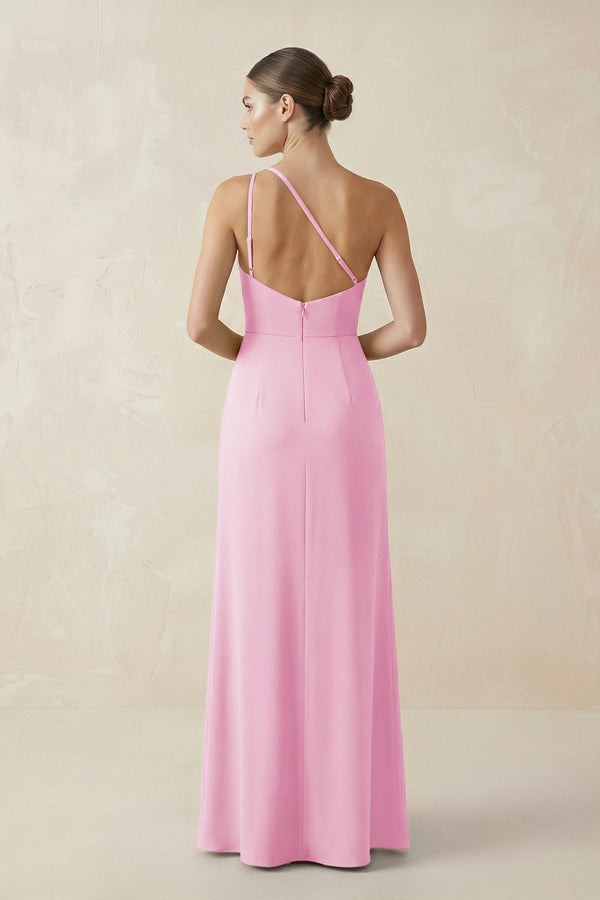 Sheath One - Shoulder Ruched Bridesmaid Dress With Slit in Pink - KISS BRIDAL Bridesmaid Dresses