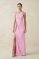 Sheath One - Shoulder Ruched Bridesmaid Dress With Slit in Pink - KISS BRIDAL Bridesmaid Dresses