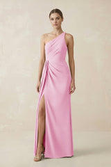 Sheath One - Shoulder Ruched Bridesmaid Dress With Slit in Pink - KISS BRIDAL Bridesmaid Dresses