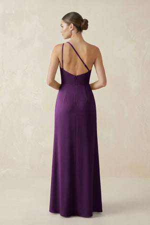 Sheath One - Shoulder Ruched Bridesmaid Dress With Slit in Plum - KISS BRIDAL Bridesmaid Dresses