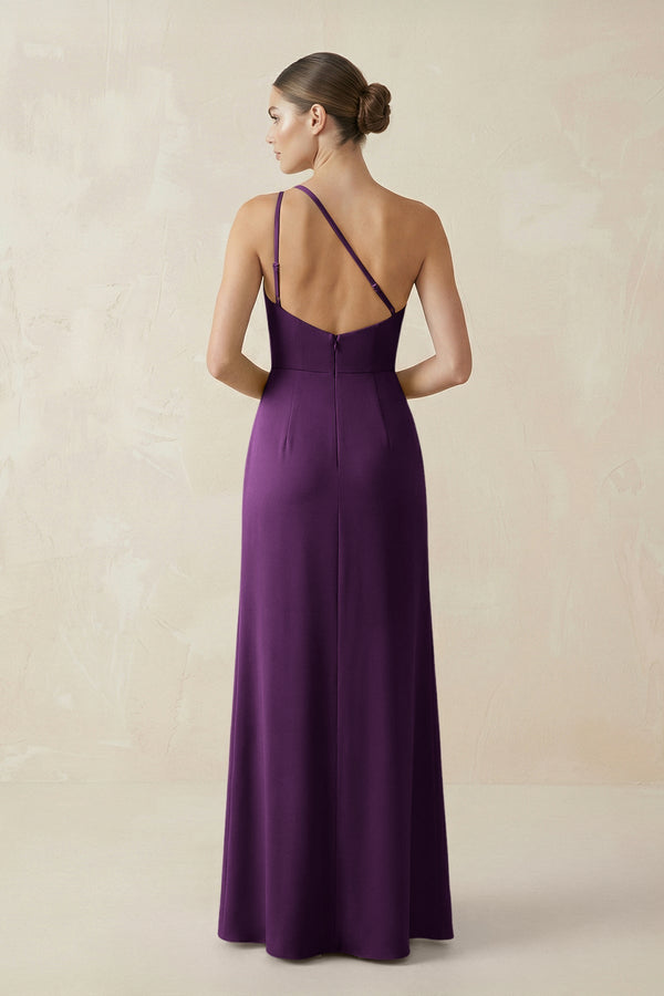 Sheath One - Shoulder Ruched Bridesmaid Dress With Slit in Plum - KISS BRIDAL Bridesmaid Dresses