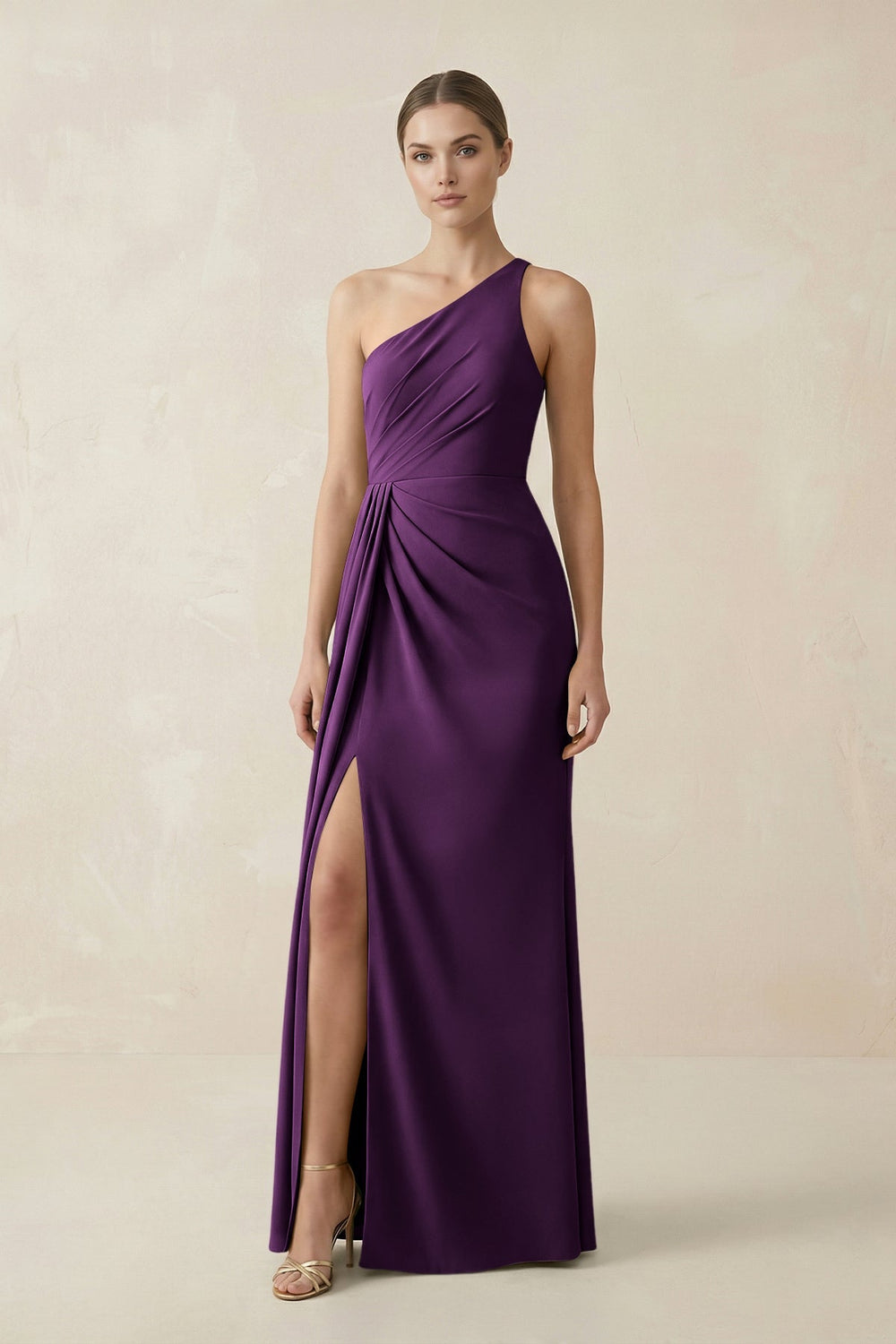 Sheath One - Shoulder Ruched Bridesmaid Dress With Slit in Plum - KISS BRIDAL Bridesmaid Dresses