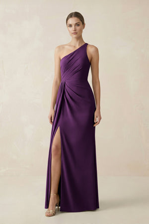 Sheath One - Shoulder Ruched Bridesmaid Dress With Slit in Plum - KISS BRIDAL Bridesmaid Dresses