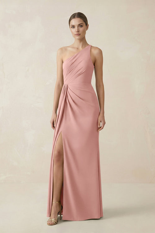 Sheath One - Shoulder Ruched Bridesmaid Dress With Slit in Rose Petal - KISS BRIDAL Bridesmaid Dresses