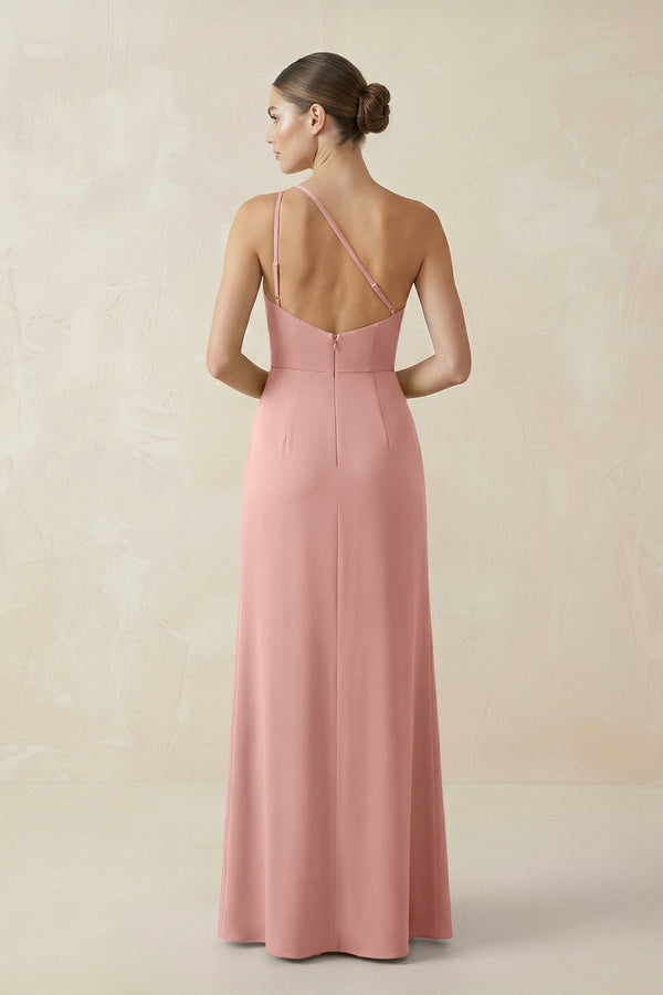 Sheath One - Shoulder Ruched Bridesmaid Dress With Slit in Rose Petal - KISS BRIDAL Bridesmaid Dresses