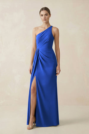 Sheath One - Shoulder Ruched Bridesmaid Dress With Slit in Royal Blue - KISS BRIDAL Bridesmaid Dresses