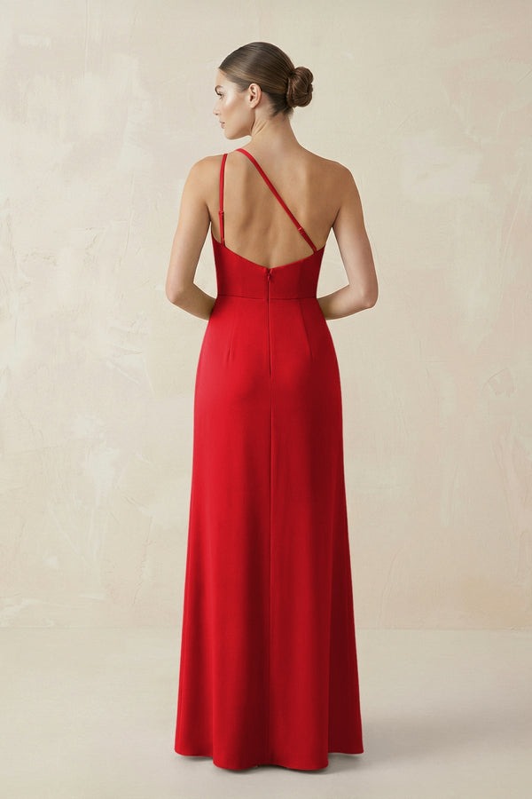 Sheath One - Shoulder Ruched Bridesmaid Dress With Slit in Ruby Red - KISS BRIDAL Bridesmaid Dresses