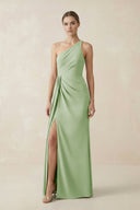 Sheath One - Shoulder Ruched Bridesmaid Dress With Slit in Sage - KISS BRIDAL Bridesmaid Dresses