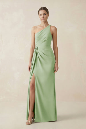 Sheath One - Shoulder Ruched Bridesmaid Dress With Slit in Sage - KISS BRIDAL Bridesmaid Dresses