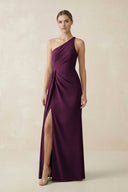 Sheath One - Shoulder Ruched Bridesmaid Dress With Slit in Sangria - KISS BRIDAL Bridesmaid Dresses
