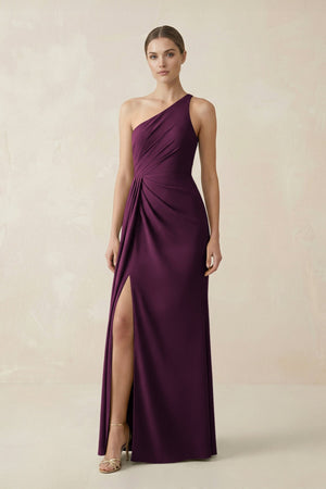 Sheath One - Shoulder Ruched Bridesmaid Dress With Slit in Sangria - KISS BRIDAL Bridesmaid Dresses
