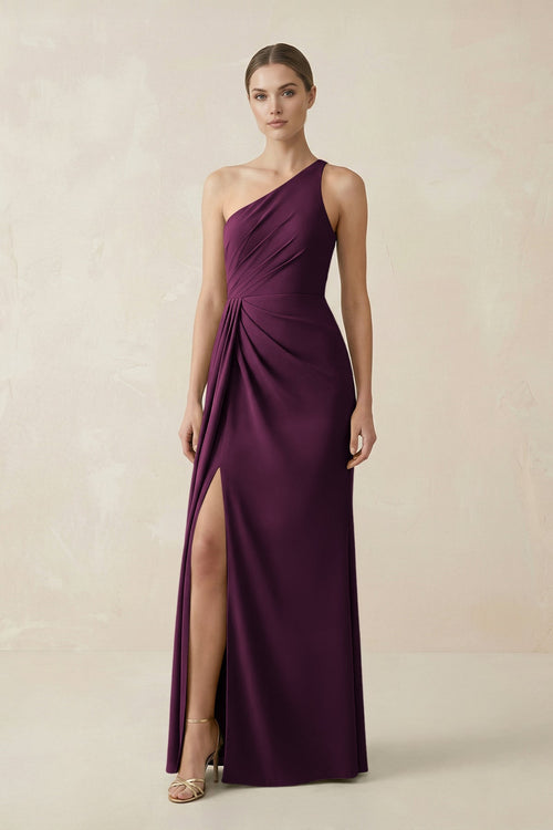 Sheath One - Shoulder Ruched Bridesmaid Dress With Slit in Sangria - KISS BRIDAL Bridesmaid Dresses