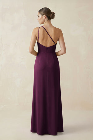 Sheath One - Shoulder Ruched Bridesmaid Dress With Slit in Sangria - KISS BRIDAL Bridesmaid Dresses