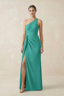 Sheath One - Shoulder Ruched Bridesmaid Dress With Slit in Sea Glass - KISS BRIDAL Bridesmaid Dresses
