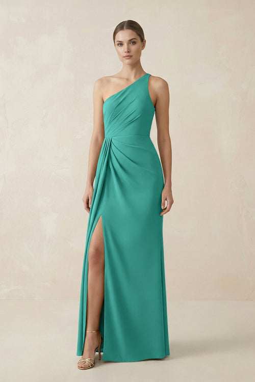 Sheath One - Shoulder Ruched Bridesmaid Dress With Slit in Sea Glass - KISS BRIDAL Bridesmaid Dresses