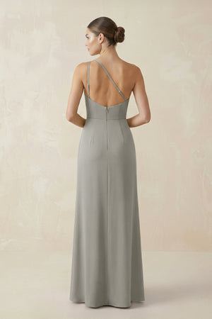Sheath One - Shoulder Ruched Bridesmaid Dress With Slit in Silver - KISS BRIDAL Bridesmaid Dresses