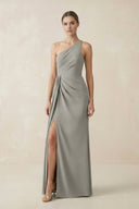 Sheath One - Shoulder Ruched Bridesmaid Dress With Slit in Silver - KISS BRIDAL Bridesmaid Dresses