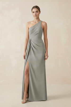 Sheath One - Shoulder Ruched Bridesmaid Dress With Slit in Silver - KISS BRIDAL Bridesmaid Dresses