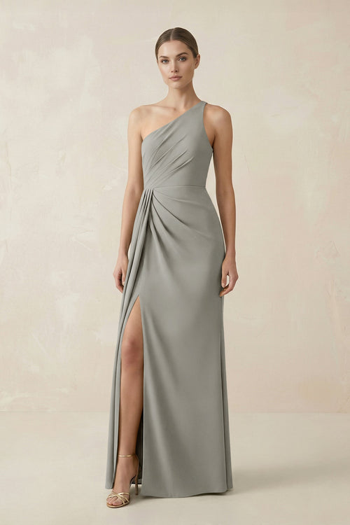 Sheath One - Shoulder Ruched Bridesmaid Dress With Slit in Silver - KISS BRIDAL Bridesmaid Dresses