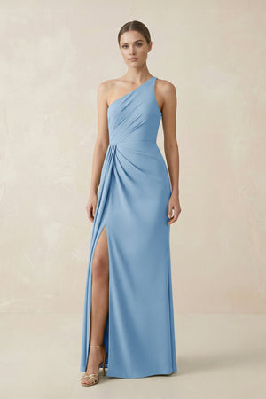 Sheath One - Shoulder Ruched Bridesmaid Dress With Slit in Sky Blue - KISS BRIDAL Bridesmaid Dresses