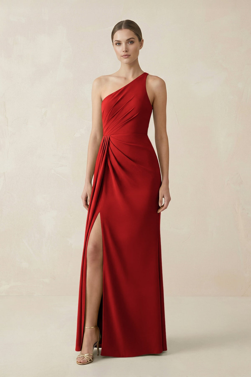 Sheath One - Shoulder Ruched Bridesmaid Dress With Slit in Spice - KISS BRIDAL Bridesmaid Dresses
