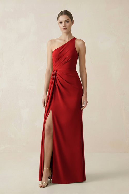Sheath One - Shoulder Ruched Bridesmaid Dress With Slit in Spice - KISS BRIDAL Bridesmaid Dresses