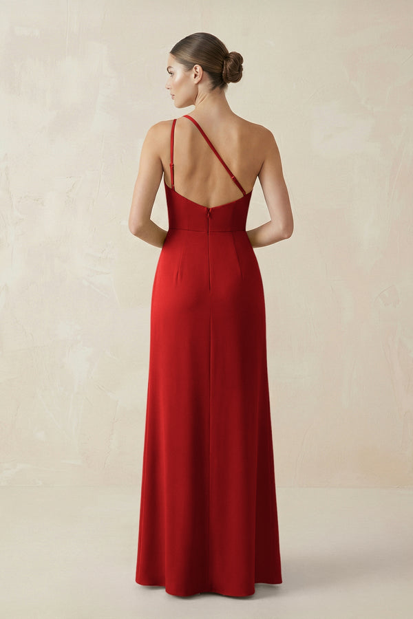 Sheath One - Shoulder Ruched Bridesmaid Dress With Slit in Spice - KISS BRIDAL Bridesmaid Dresses
