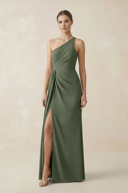 Sheath One - Shoulder Ruched Bridesmaid Dress With Slit in Thyme - KISS BRIDAL Bridesmaid Dresses