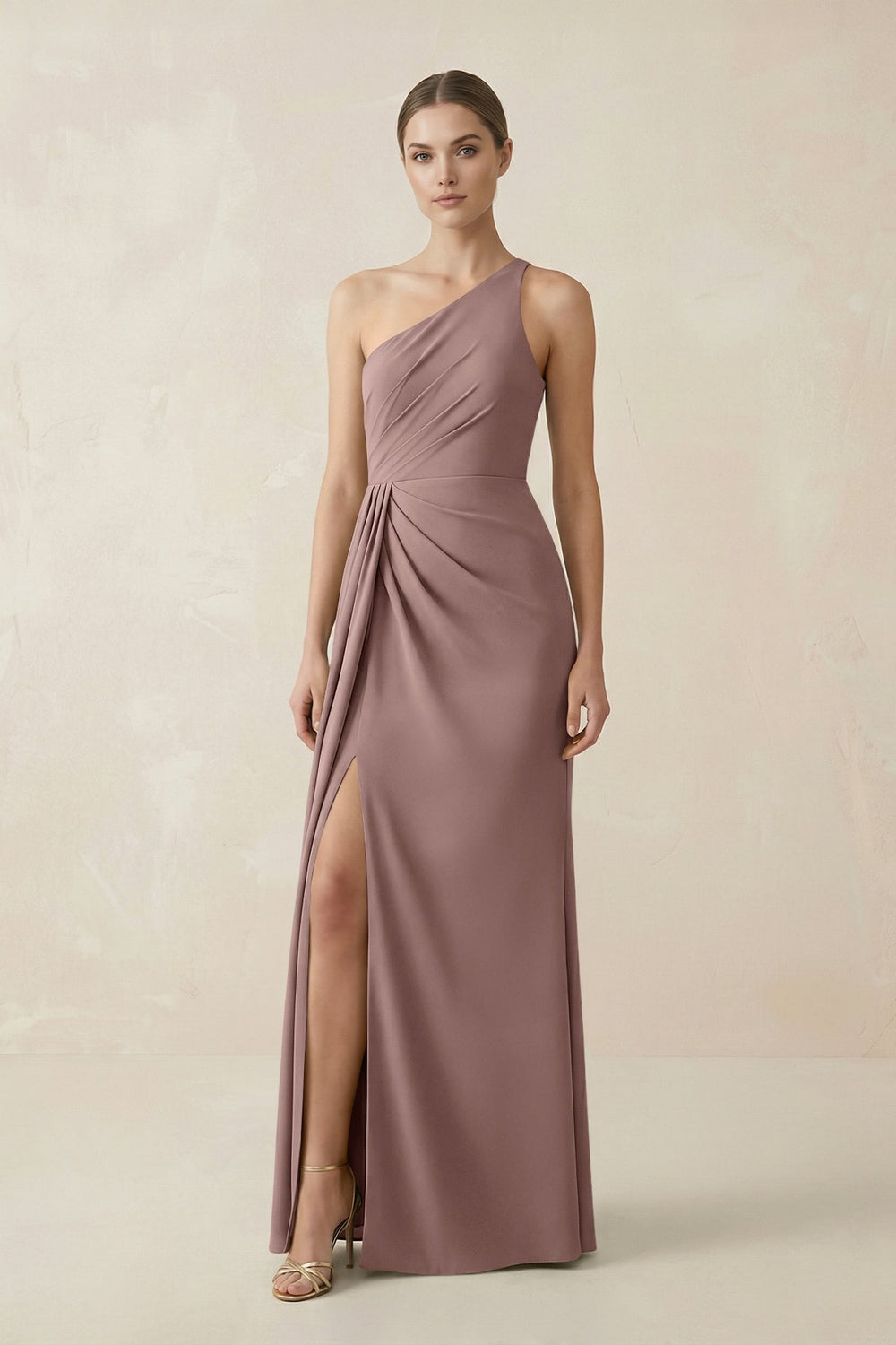 Sheath One - Shoulder Ruched Bridesmaid Dress With Slit in Toffee - KISS BRIDAL Bridesmaid Dresses