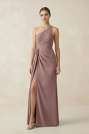 Sheath One - Shoulder Ruched Bridesmaid Dress With Slit in Toffee - KISS BRIDAL Bridesmaid Dresses