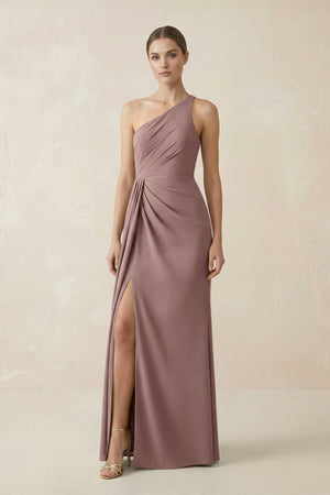 Sheath One - Shoulder Ruched Bridesmaid Dress With Slit in Toffee - KISS BRIDAL Bridesmaid Dresses