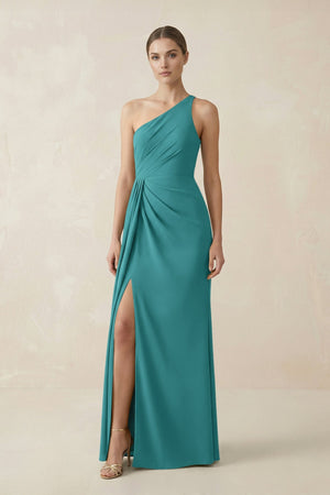 Sheath One - Shoulder Ruched Bridesmaid Dress With Slit in Turquoise - KISS BRIDAL Bridesmaid Dresses