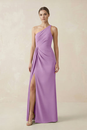 Sheath One - Shoulder Ruched Bridesmaid Dress With Slit in Vintage Mauve - KISS BRIDAL Bridesmaid Dresses