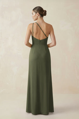 Sheath One - Shoulder Ruched Bridesmaid Dress With Slit in Willow Green - KISS BRIDAL Bridesmaid Dresses