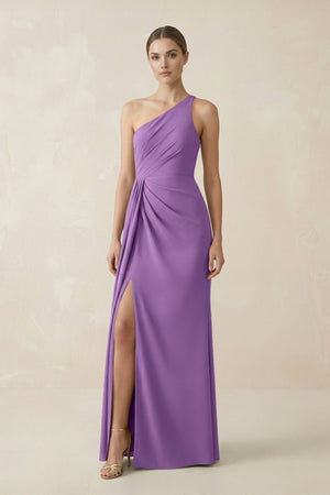 Sheath One - Shoulder Ruched Bridesmaid Dress With Slit in Wisteria - KISS BRIDAL Bridesmaid Dresses